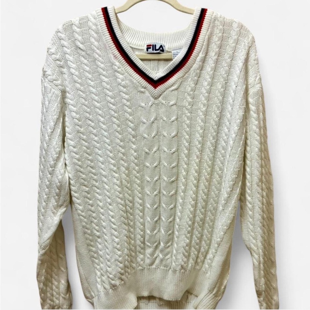 Fila Vintage 80s/90s White Label Cream V-Neck Cable Knit Sweater